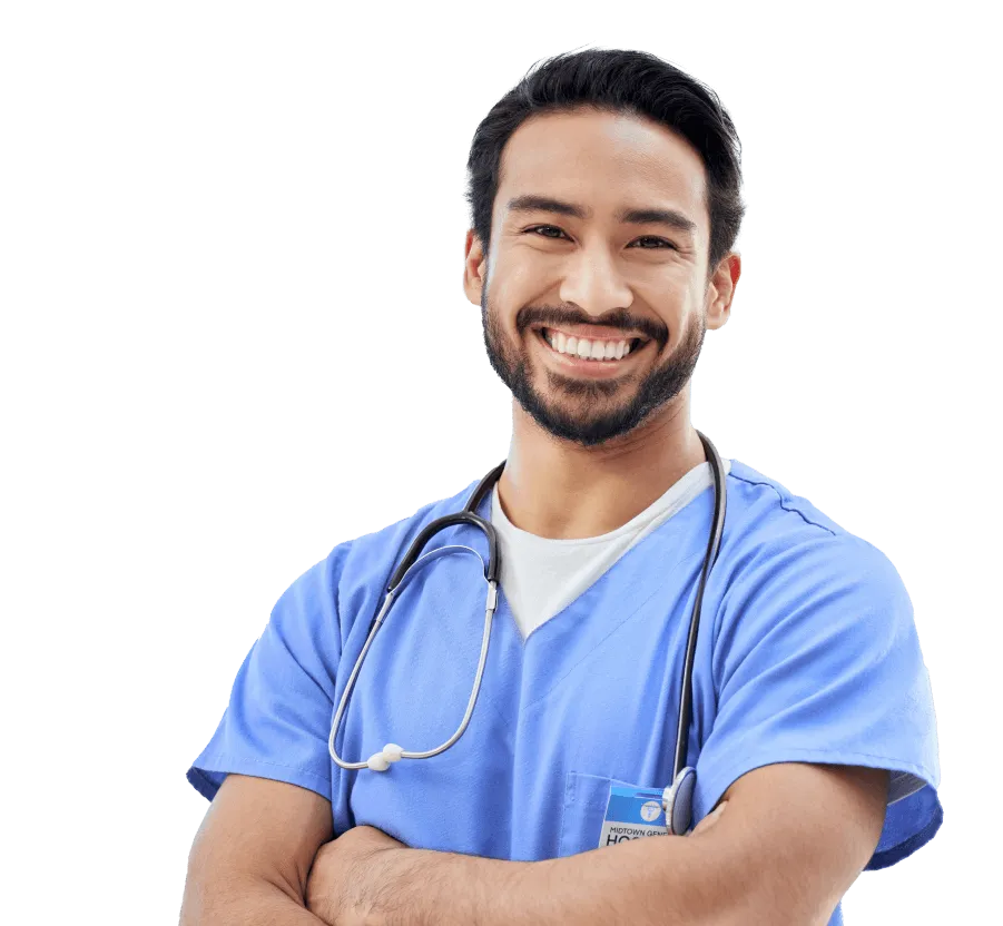 Young doctor or locum tenens in scrubs